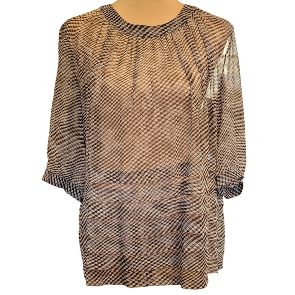 Helios & Luna Silk Blouse 8 Sheer Snake Print‎ Cream Brown Pleated Hem Old Money